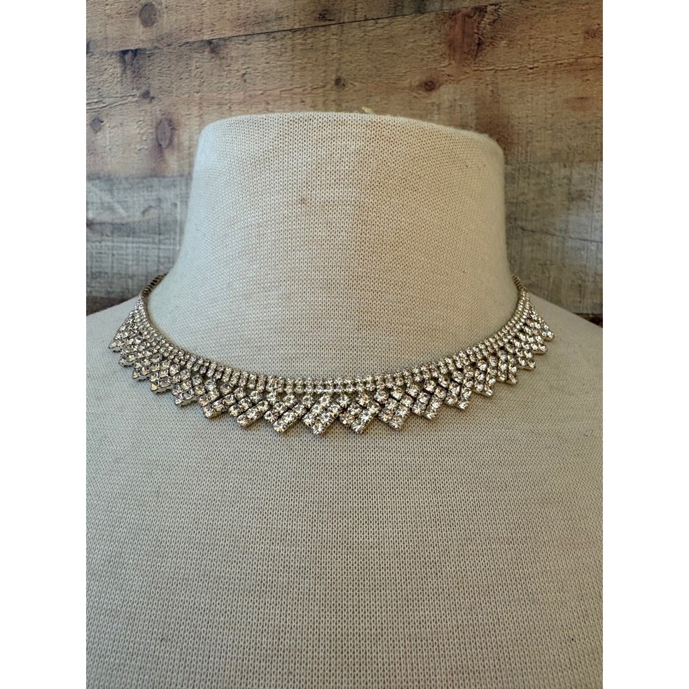 Claires Silver Tone Rhinestone Bib Choker Necklace Geometric Fringe Statement